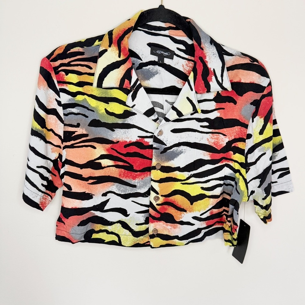 Ed Hardy Cropped Button Down Shirt Multi Colored Zebra Print NWT Y2K Large